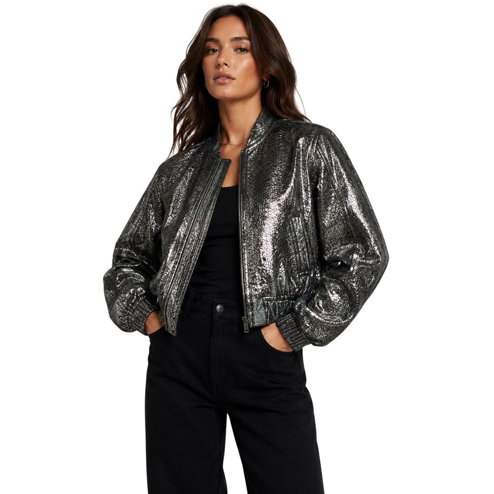LTH JKT Womens Small Metallic Silver Leather Cropped Bomber Jacket NWT